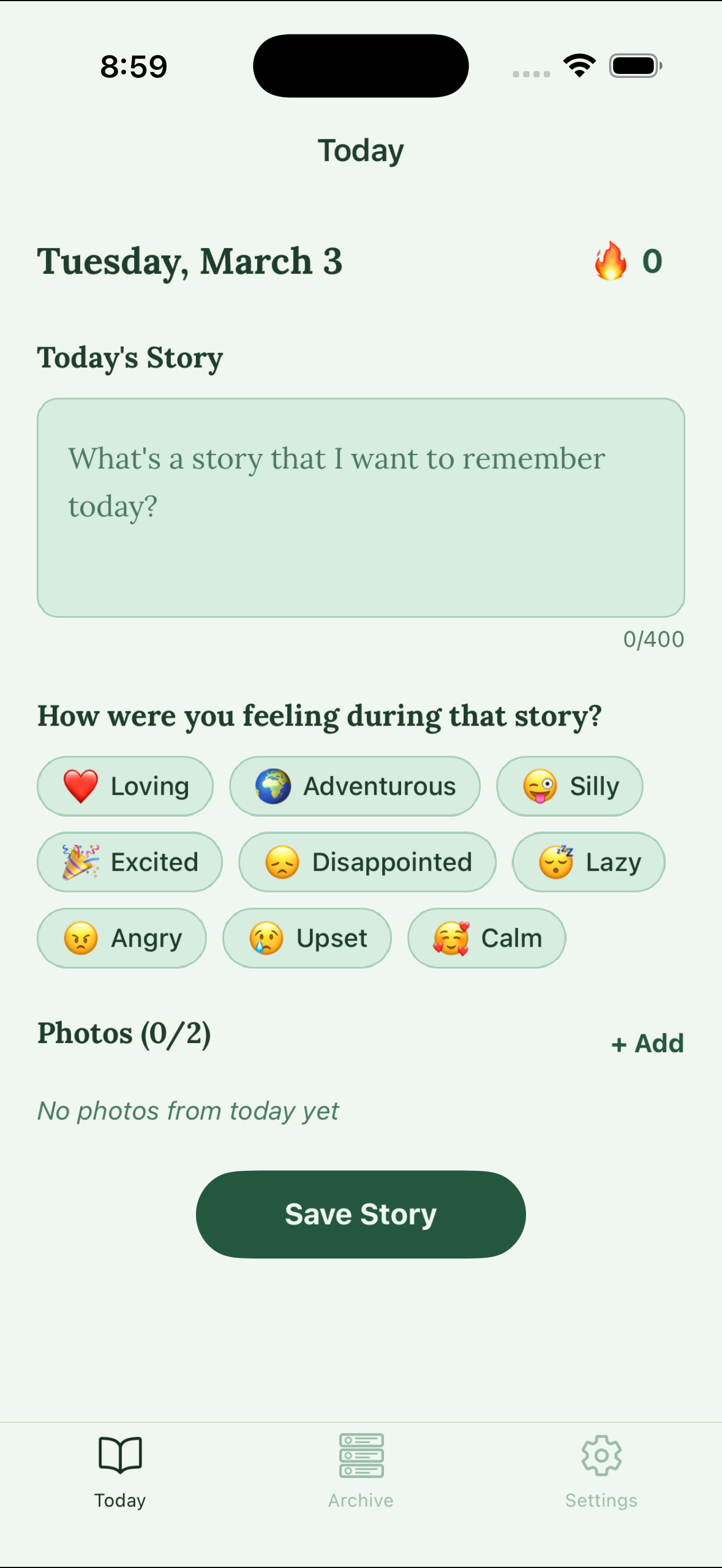 Today screen — Write your story